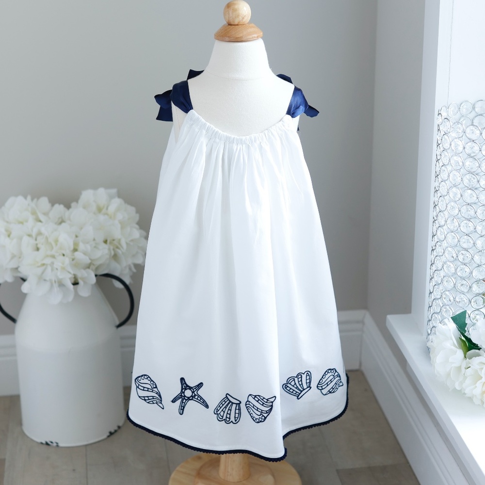 White and Navy 100% Cotton Sundress Nautical Designer Resortwear Vacation - Picture 4 of 5